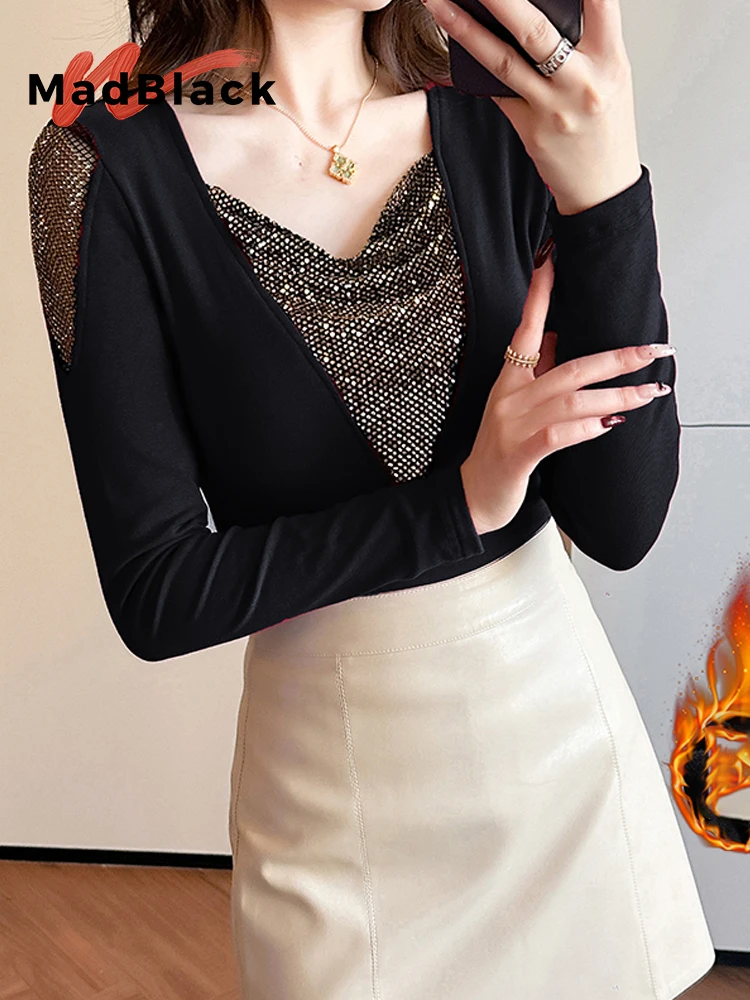 

MadBlack-Women European Fleece T-Shirt, Sexy V Neck Diamond Patchwork, Clubwear Long Sleeve Slim M-3XL Tee, 2026 Spring T61367CC