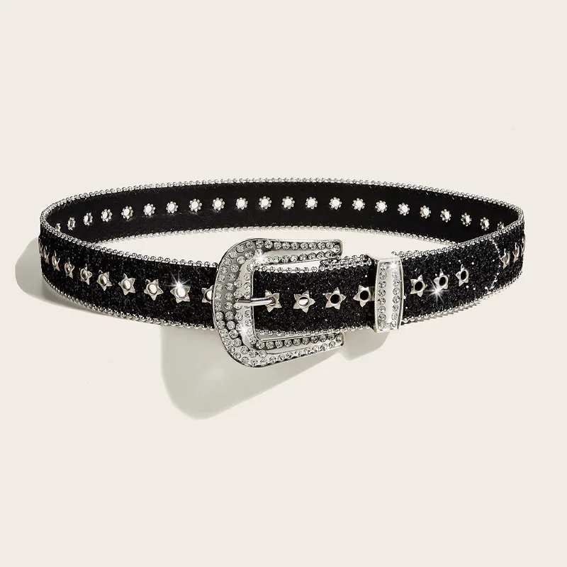 Black Rhinestone Women's Belt Fashion Trend Personality Jeans Clothing Pin Buckle Girdle Silver Sequin Y2k Waistband Width 3.8cm