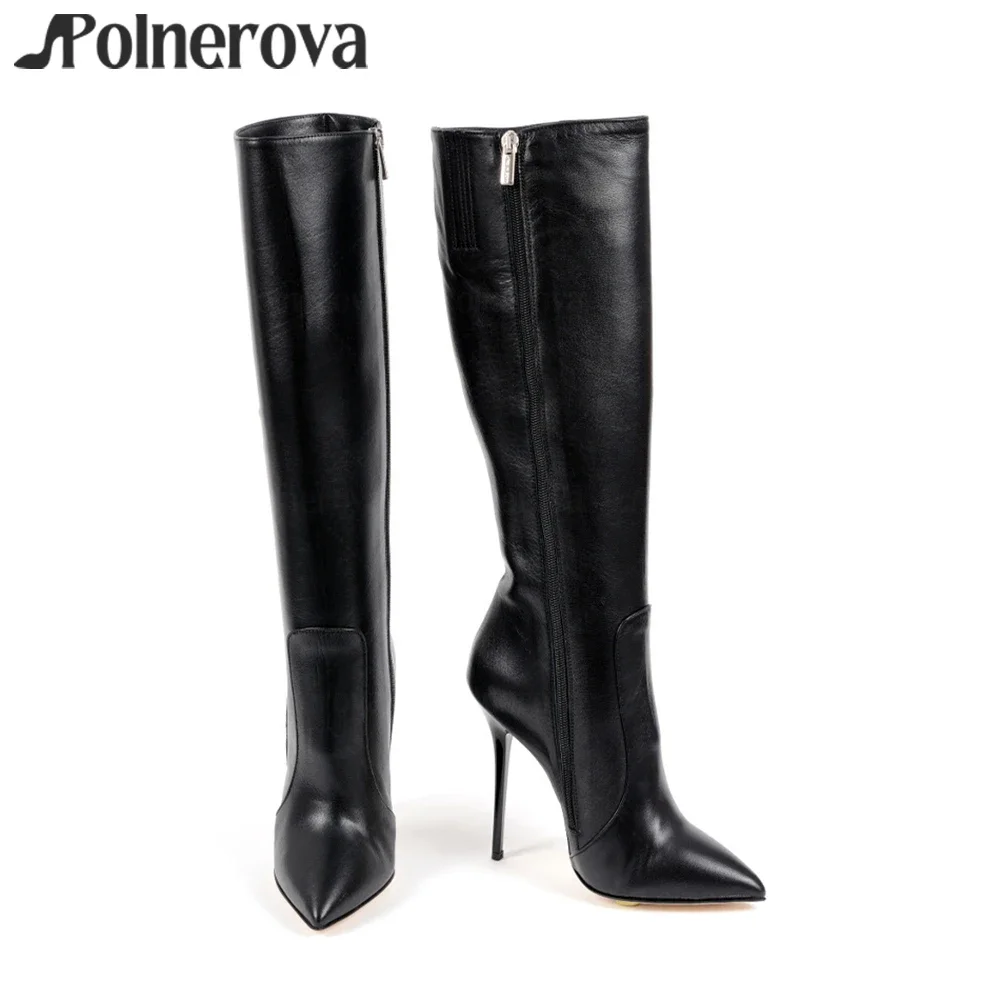 

Черные матовые кожаные сапоги до колена на молнии, сексуальные сапоги на шпильке с острым носком, модные сапоги на заказ в различных цветах