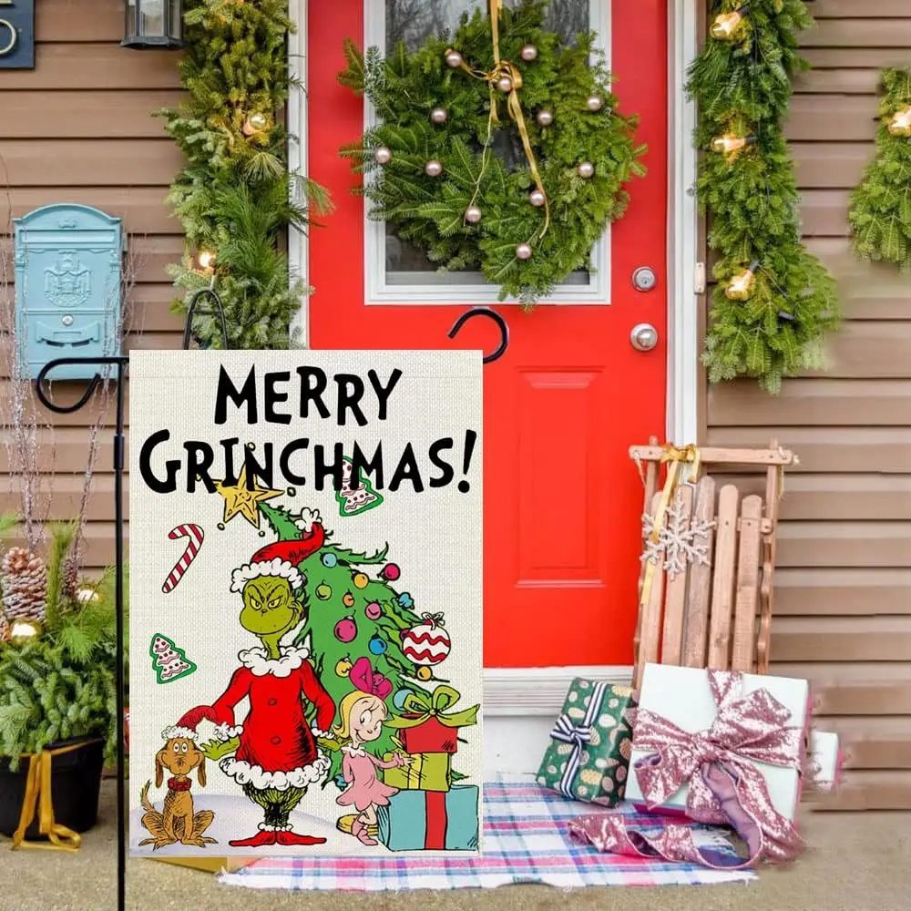 H Yaou Merry Grinchmas Garden Flag 12x18 Double Sided Xmas Tree Elf Green Small Burlap Christmas Yard Flags for Farmhouse Front 