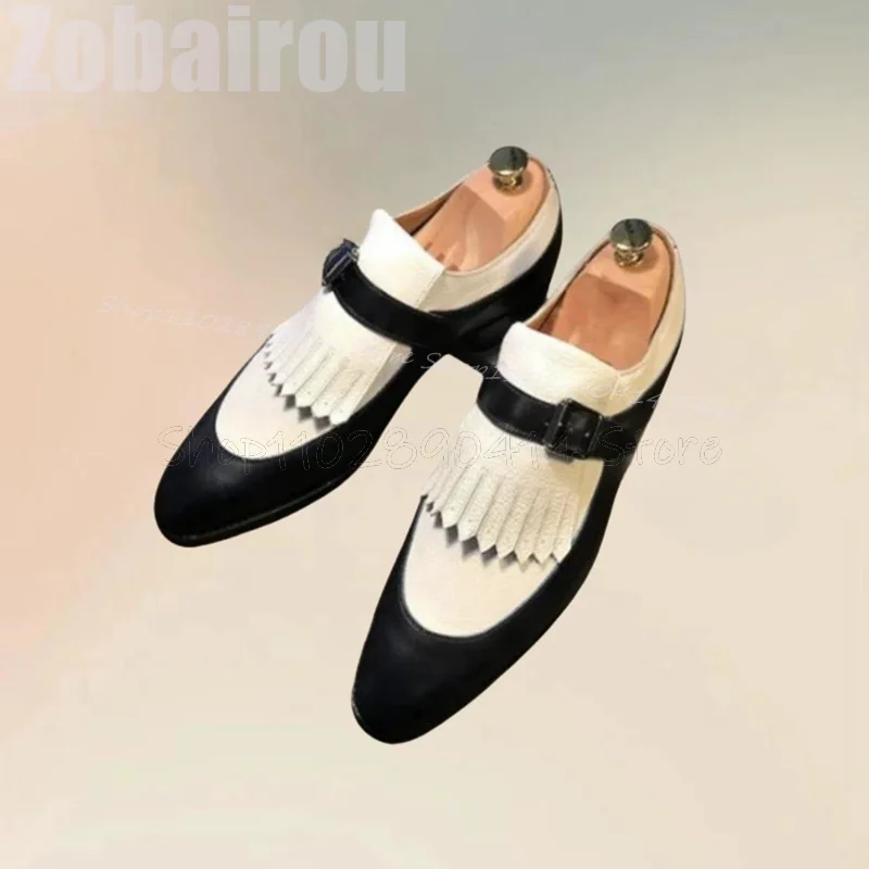 Black White Tassels Buckle Decor Men Loafers Fashion Slip On Men Shoes Luxurious Handmade Party Banquet Office Men Dress Shoes