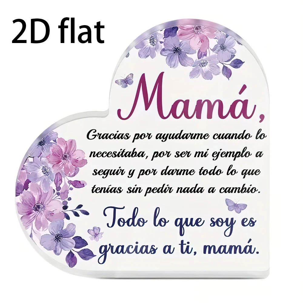 Placa Acrílica Bilingüe en Forma de Corazón, 2D, 1 Pieza, con Diseño Floral Morado y Mensajes de Amor en Inglés y Español