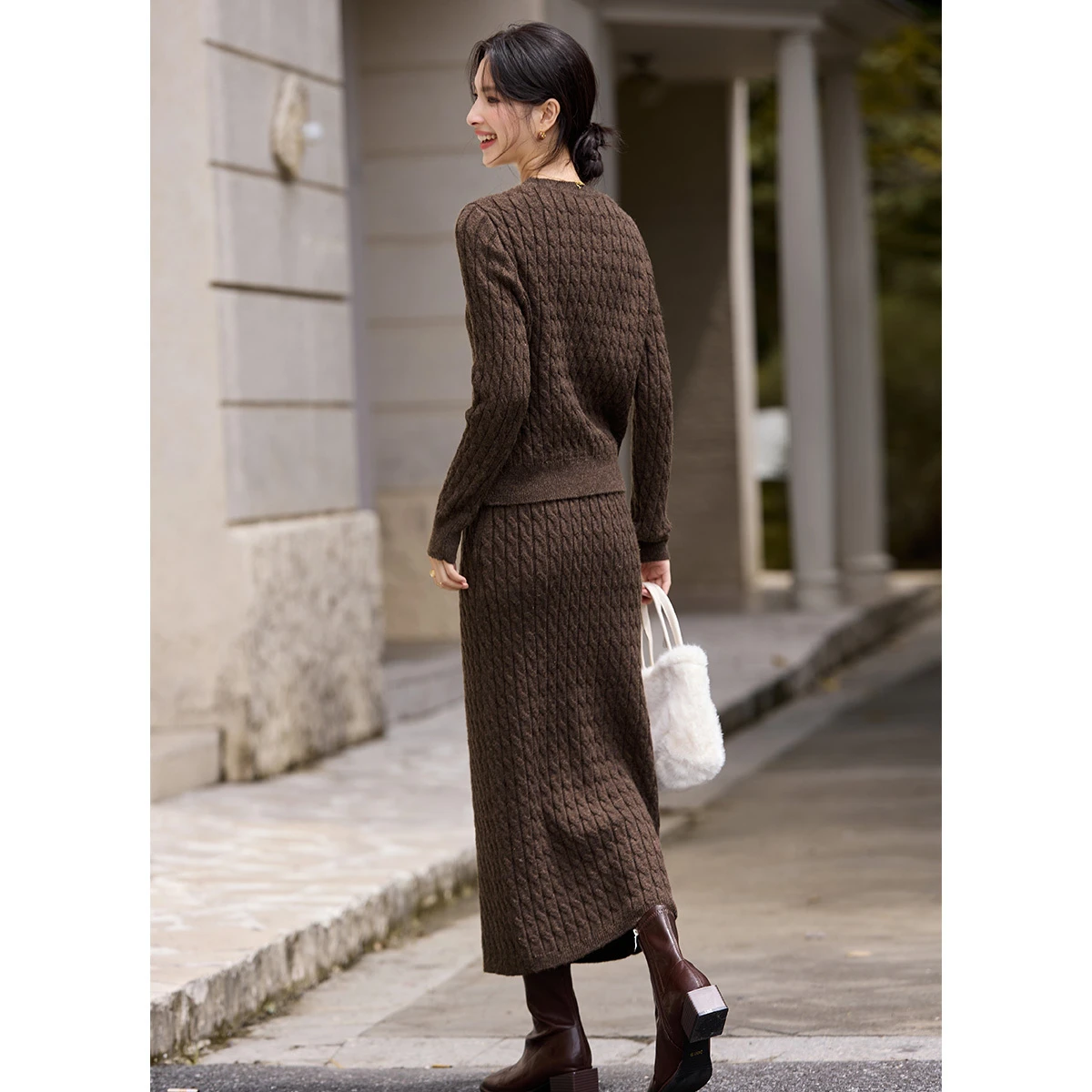 VIMLY Conjunto de falda de dos piezas de punto para mujer, suéter de cuello redondo tejido por Cable, faldas largas, conjunto de falda informal, 2 piezas para mujer 75222