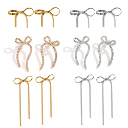 Zircão Longo Bowknot Dangle Brincos, Aço Inoxidável Bow Ear Stud, Cadeia Cobra Plana, Borlas, Sparkle Romântico, Presentes Festa Jóias