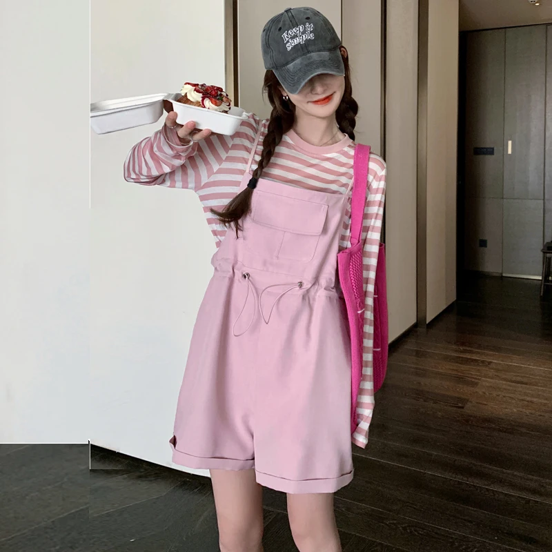 Elegancki zestaw: koszulka w paski i ogrodniczki damskie, styl uniwersytecki, letni nowy model, wzór kaktusa, spodnie jednoczęściowe, wysoki stan lub...