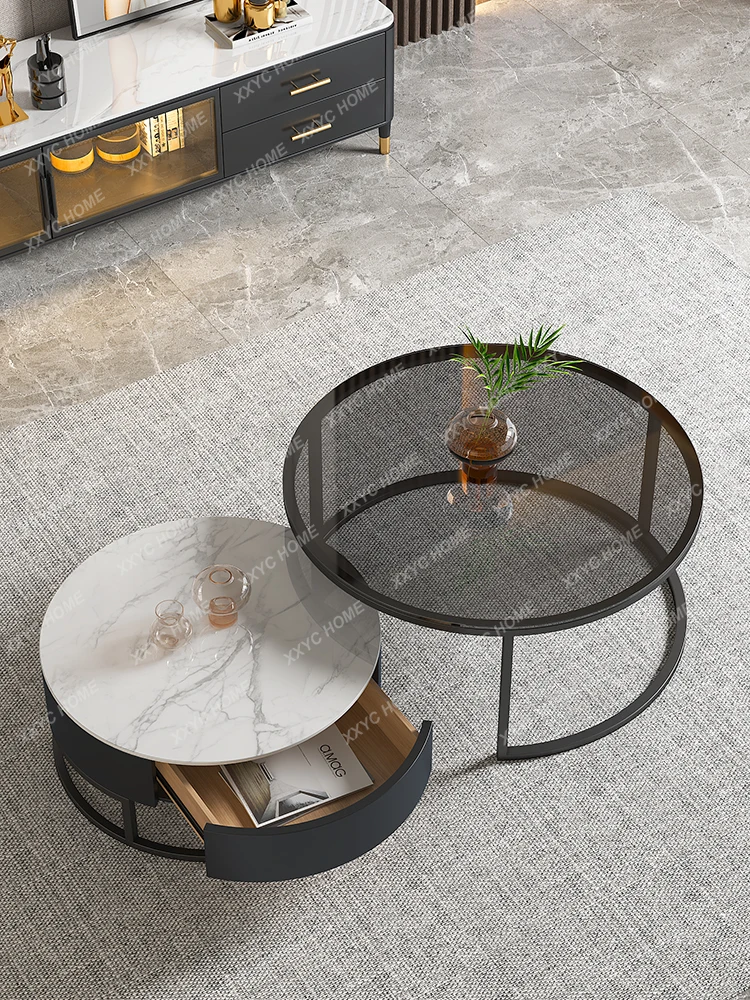 Stone Plate round Tea Table Modern TV Cabinet Unit Simple Italian Tempered Glass Living Room Home