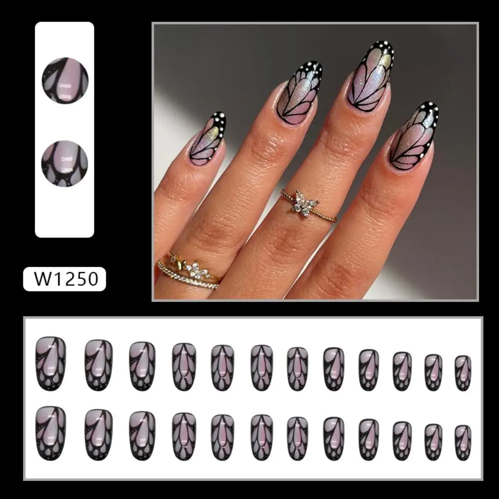 Manicure Long Oval False Nails French Gradient Pink Fake Nials Mysterious Celadon Aurora Butterfly Press on Nails Women