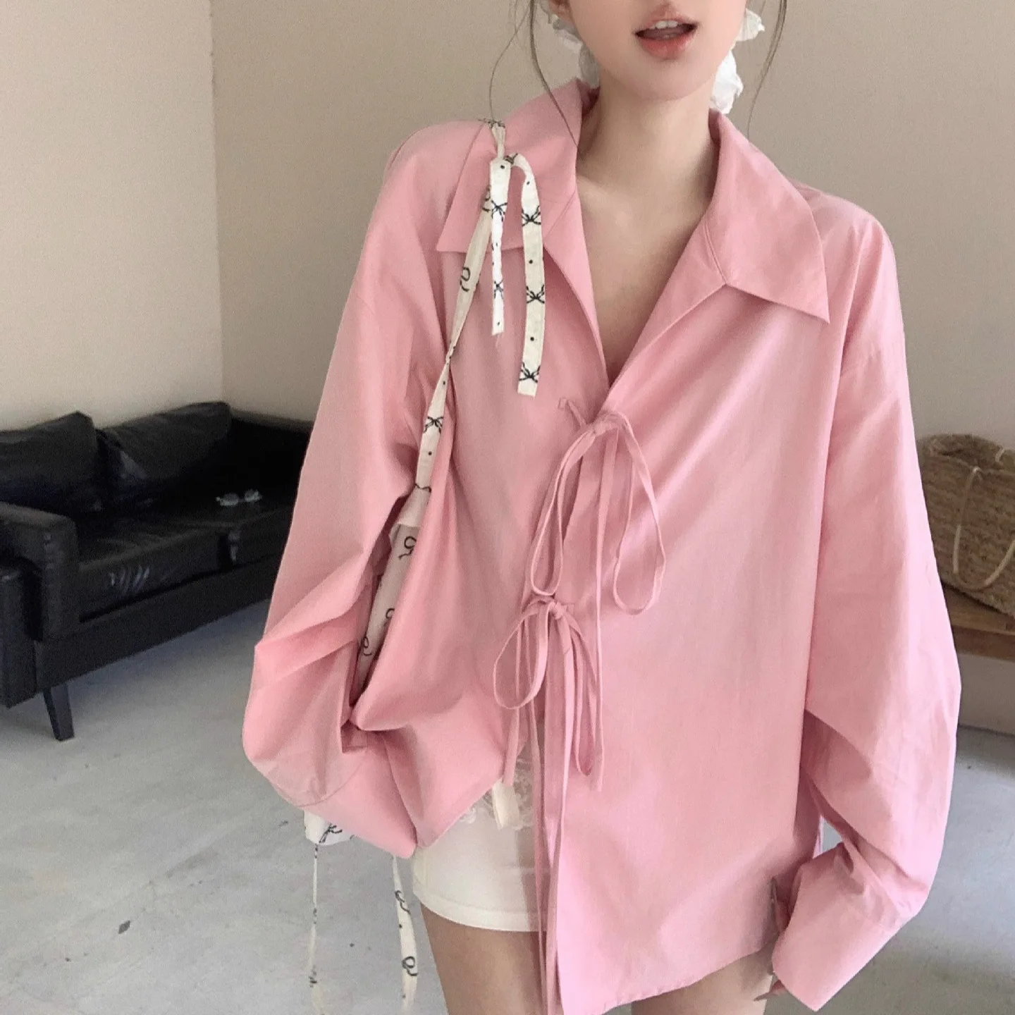 

Y2K рубашка с галстуком-бабочкой женская корейская пикантная девушка повседневная свободная ленивая стильная летняя рубашка с длинным рукавом топ