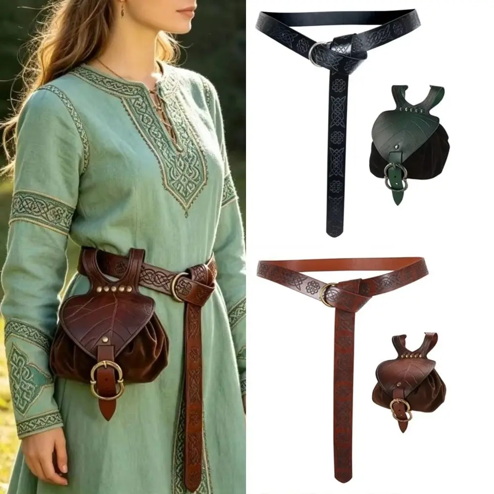 with Drawstring Pouch Medieval Belt Pouch Faux Leather Embossed Waist Bag Belts Renaissance Viking Waist Pack Set