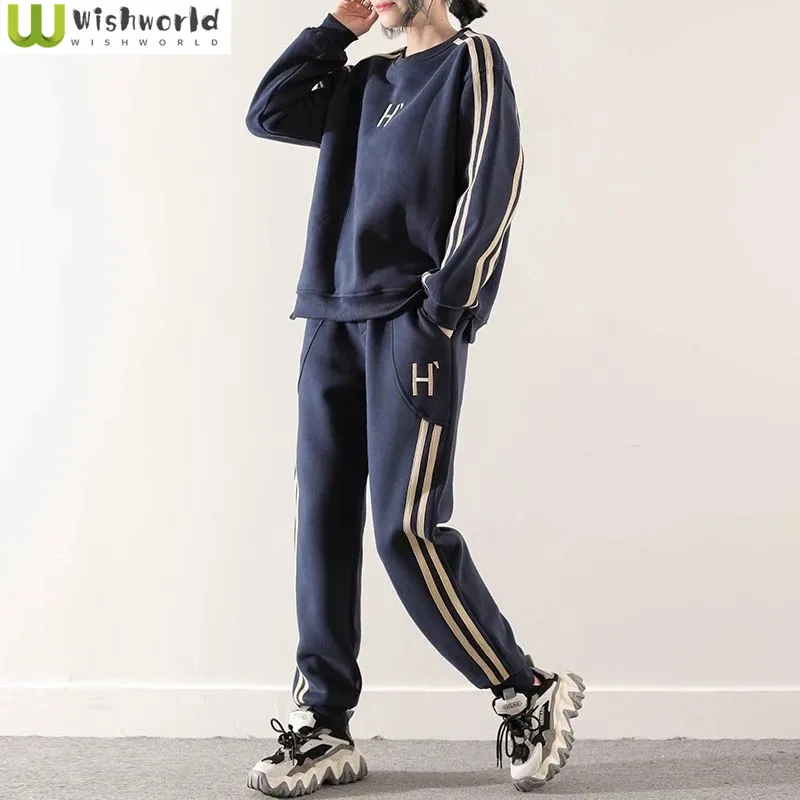 

Autumn and Winter New Embroidered Striped Commuter Versatile Style Age Reducing Loose and Casual Two Piece Set