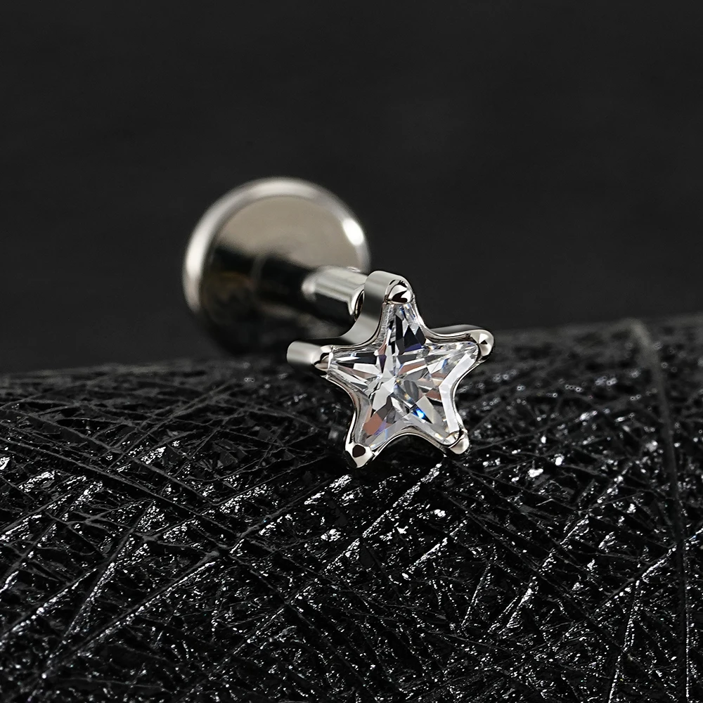 Right Grand ASTM F136 Titanium Star CZ Cartilage Earring 16G Dainty Star Flat Back Stud Internally Threaded Tragus Conch Helix Nose Labret Stud Piercing Jewelry