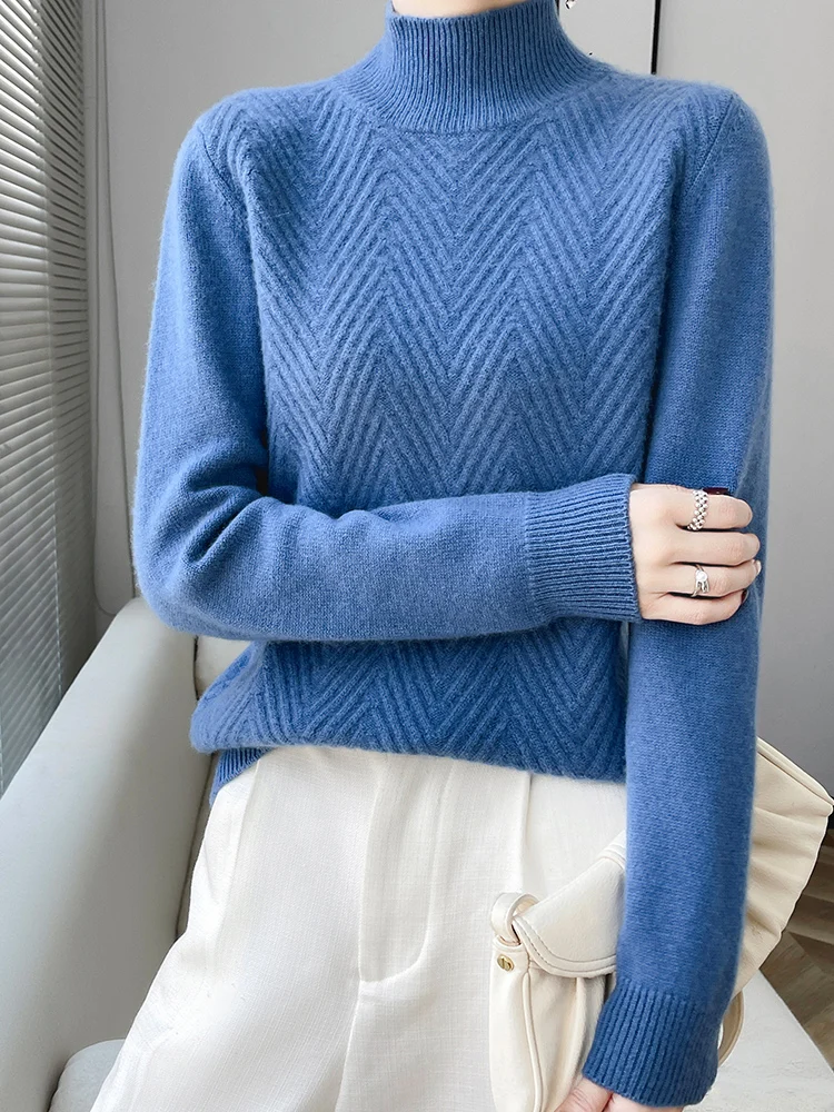 High Quality Women Mock Neck Pullover 100% Merino Wool Sweater Autumn Winter Thick Warm Soft Casual Cashmere Knitwear Korean Top