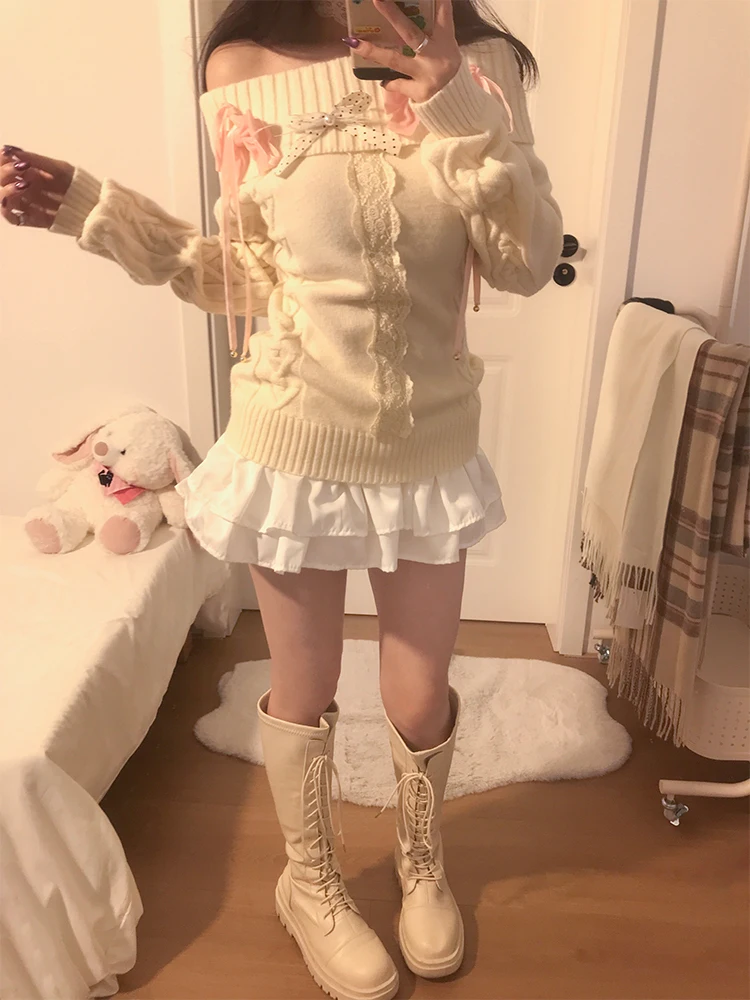 

Sweet Sle Knitted One-oulder Sweater Women's Winter New Knot Aosphere Feeling Overhead Polyester Fiber Long S...