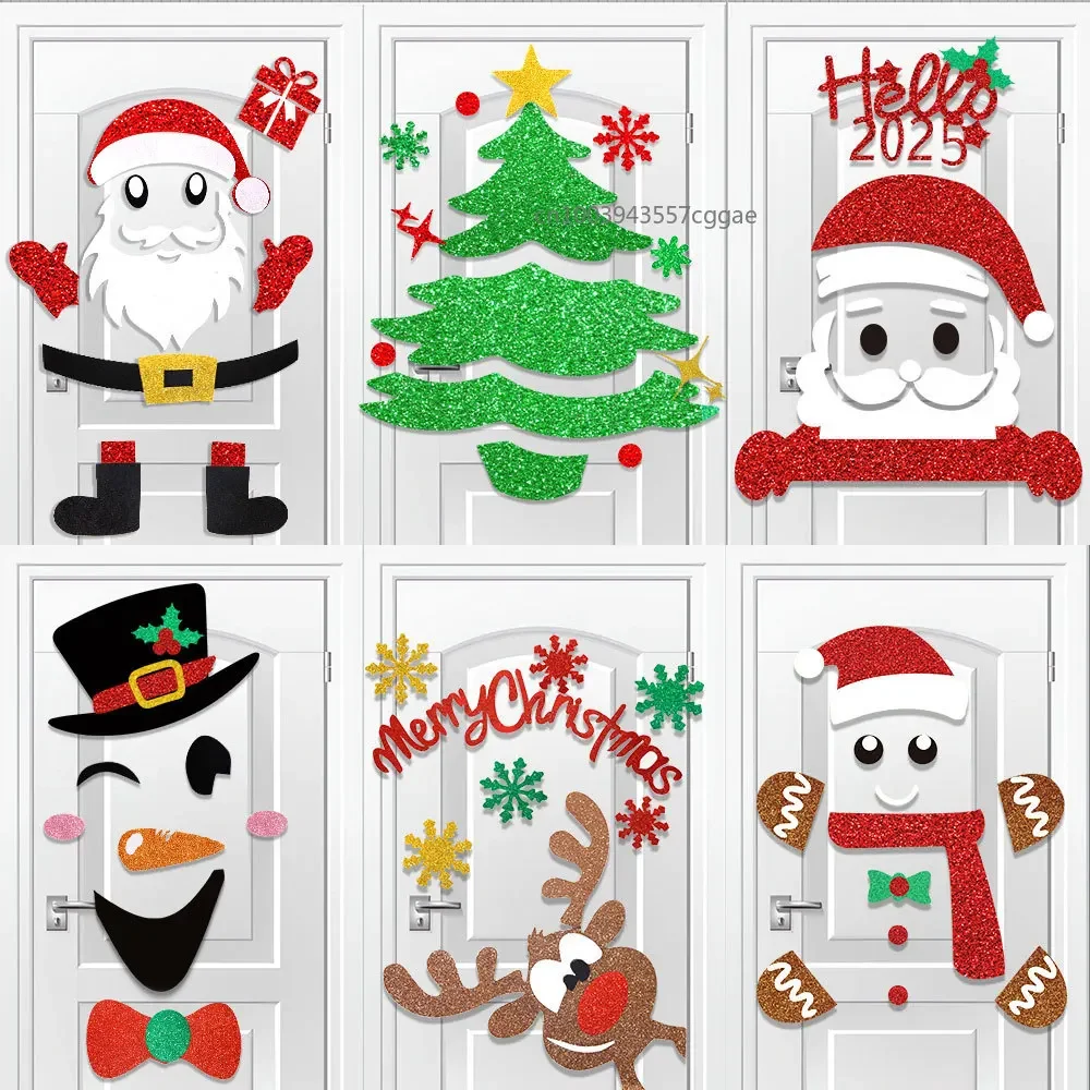 Christmas Door Window Stickers Felt Cloth Cartoon Snowman Santa Claus Elk Wall Sticker for Winter Xmas Noel New Year Decor Decal