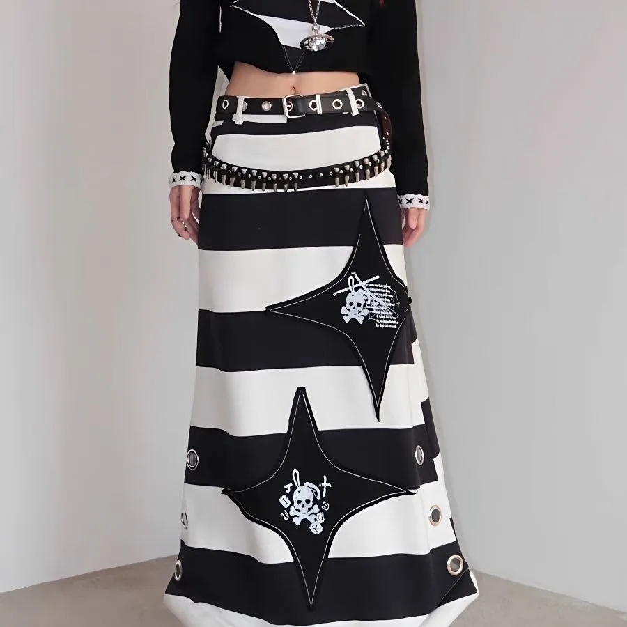 

Y2k Women Dress 2000s Japanese Punk Black and White Striped Skull Print Rivet Straight Skirt Extra Long Elegant Lady Skirts