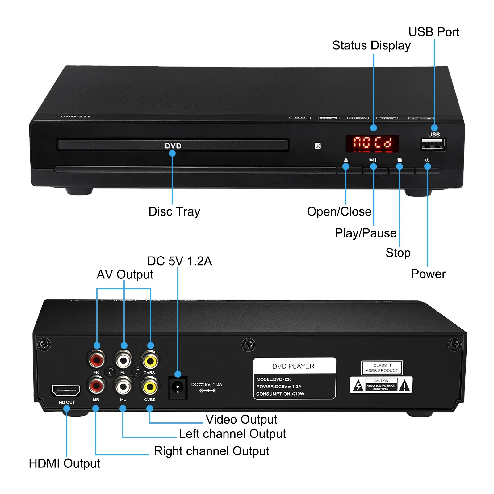 DVD Player DVD 238 1080P HD DVD Player Home Multimedia DVD Player Box For TV DVD CD Players Home Theater Systems HDMI-Compatible