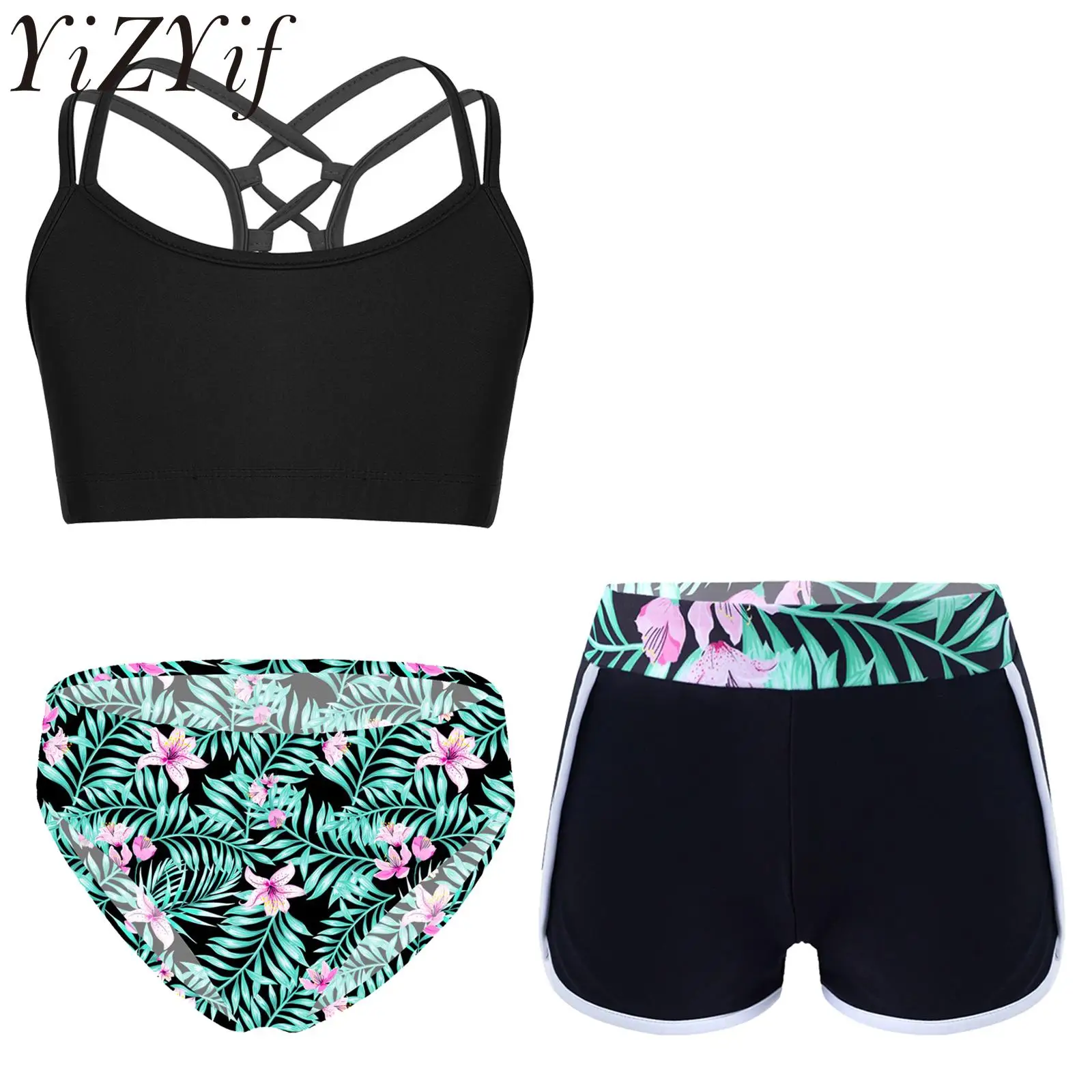 

Children Girls Summer Swimsuit Sleeveless Strappy Back Crop Top with Briefs and Shorts Child Beach Pool Swimming Bathing Suit