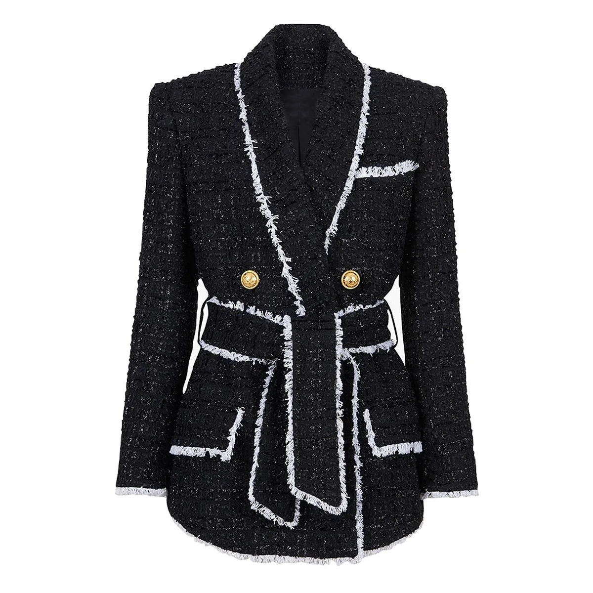 

2025 Autumn New Women's Formal Jackets Lion Head Gold Button Blazers Tassels with Belt Slim Suit Coat Tweed Jacket Fashion