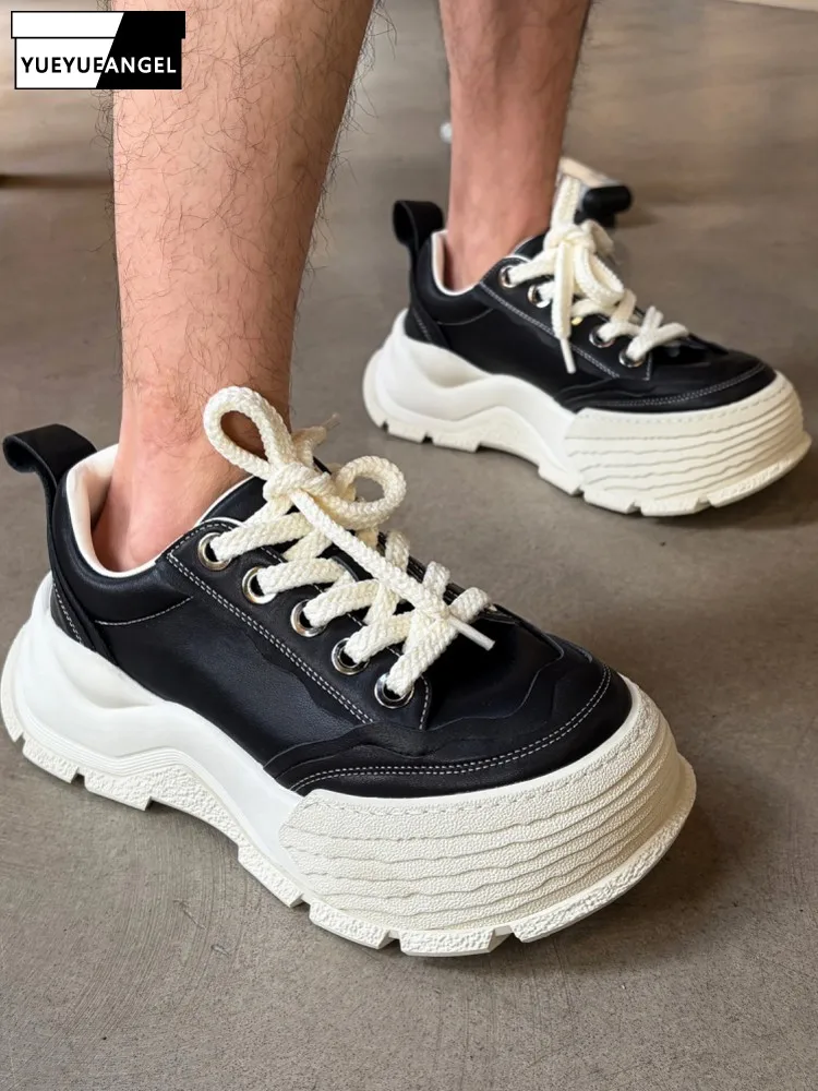 New Designer Men Thick Platform Casual Shoes Low Cut Lace Up Cowhide Genuine Leather Shoes Joggers Sneakers Hip Hop Man Footwear