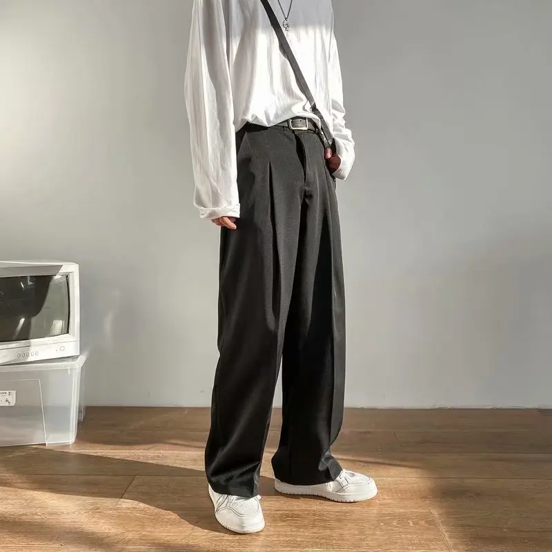 Small suit pants, men\'s loose fitting casual pants, Instagram style youth black versatile cropped pants