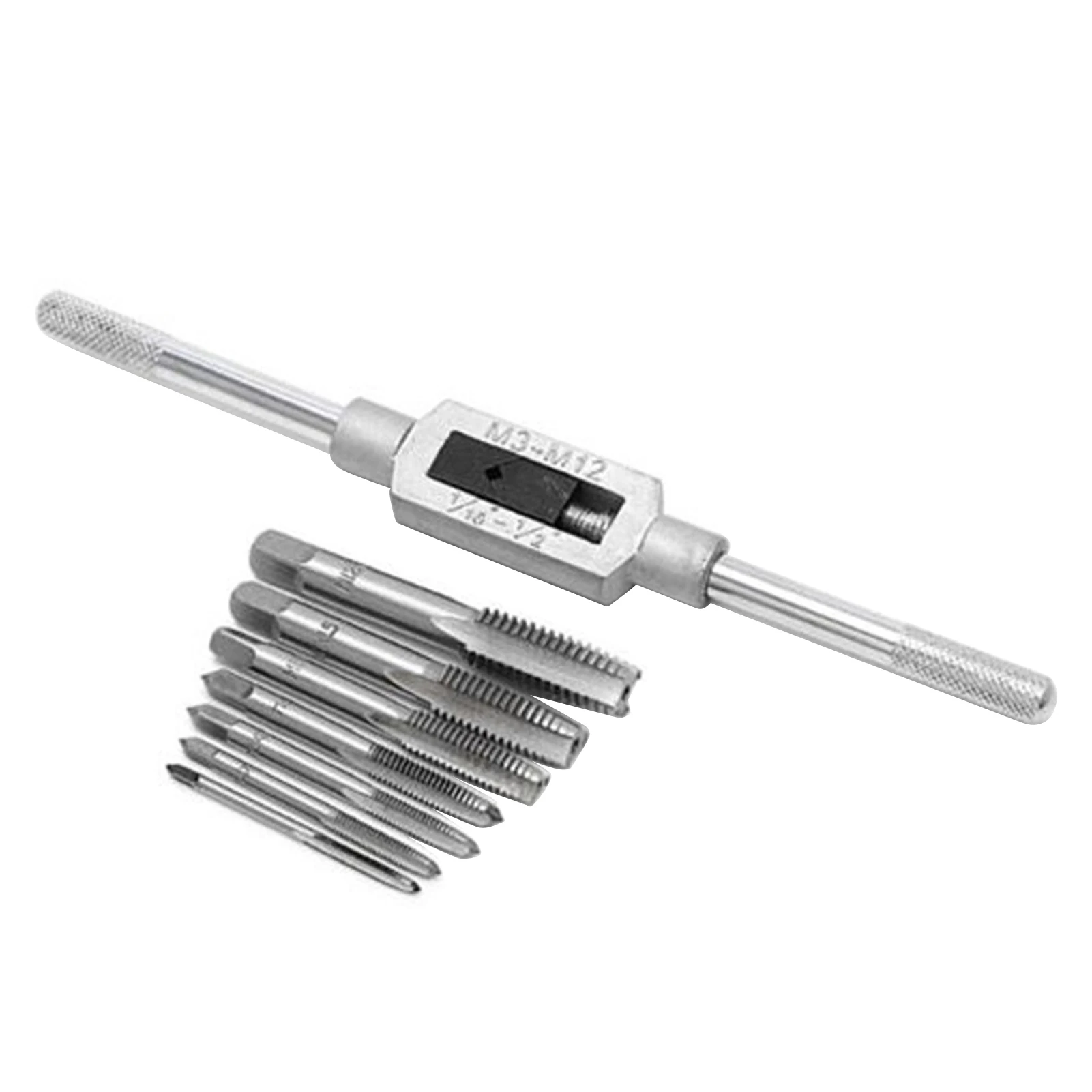 8pcs Thread Metric Machine Hand Screw Thread Plug Taps Set M3 M4 M5 M6 M8 M10 M12 with 1pcs Adjustable Tap Wrench 1/16-1/2''