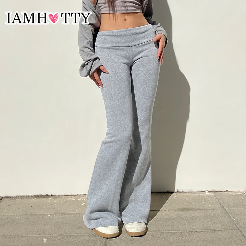 

IAMHOTTY Casual Basic Flared Pants Grey Low Waist Stretch Boot But Joggers Sweatpants Yoga Sports Trousers All-match Streetwear