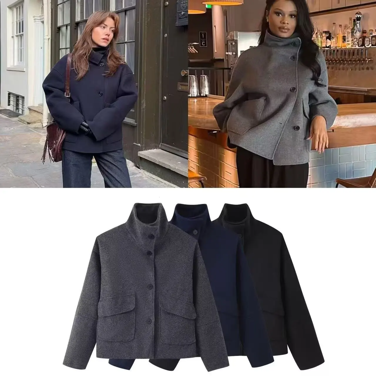 

Модное женское пальто с воротником-стойкой, женская укороченная куртка свободного кроя с длинными рукавами, осень-зима 2022, женское пальто в уличном стиле
