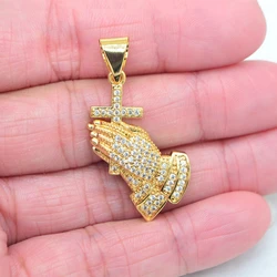 High Quality Gold Color Clear Cubic Zirconia Bling Cross Praying Hands Pendant Jewelry