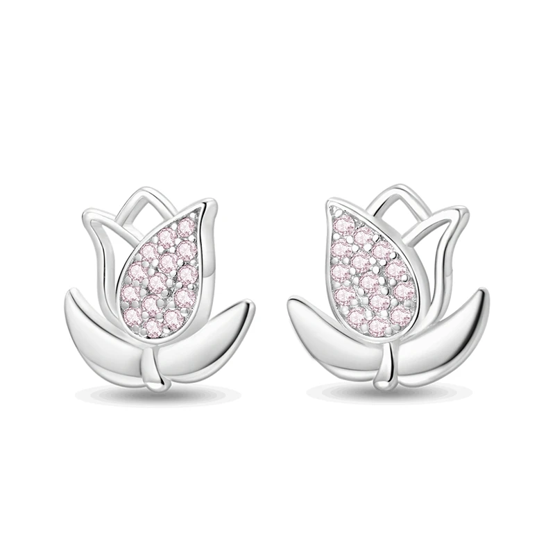 

925 Sterling Silver Earrings Women Sparkling Pink Tulip Stud Earring For Anniversary Wedding Jewelry Gifts