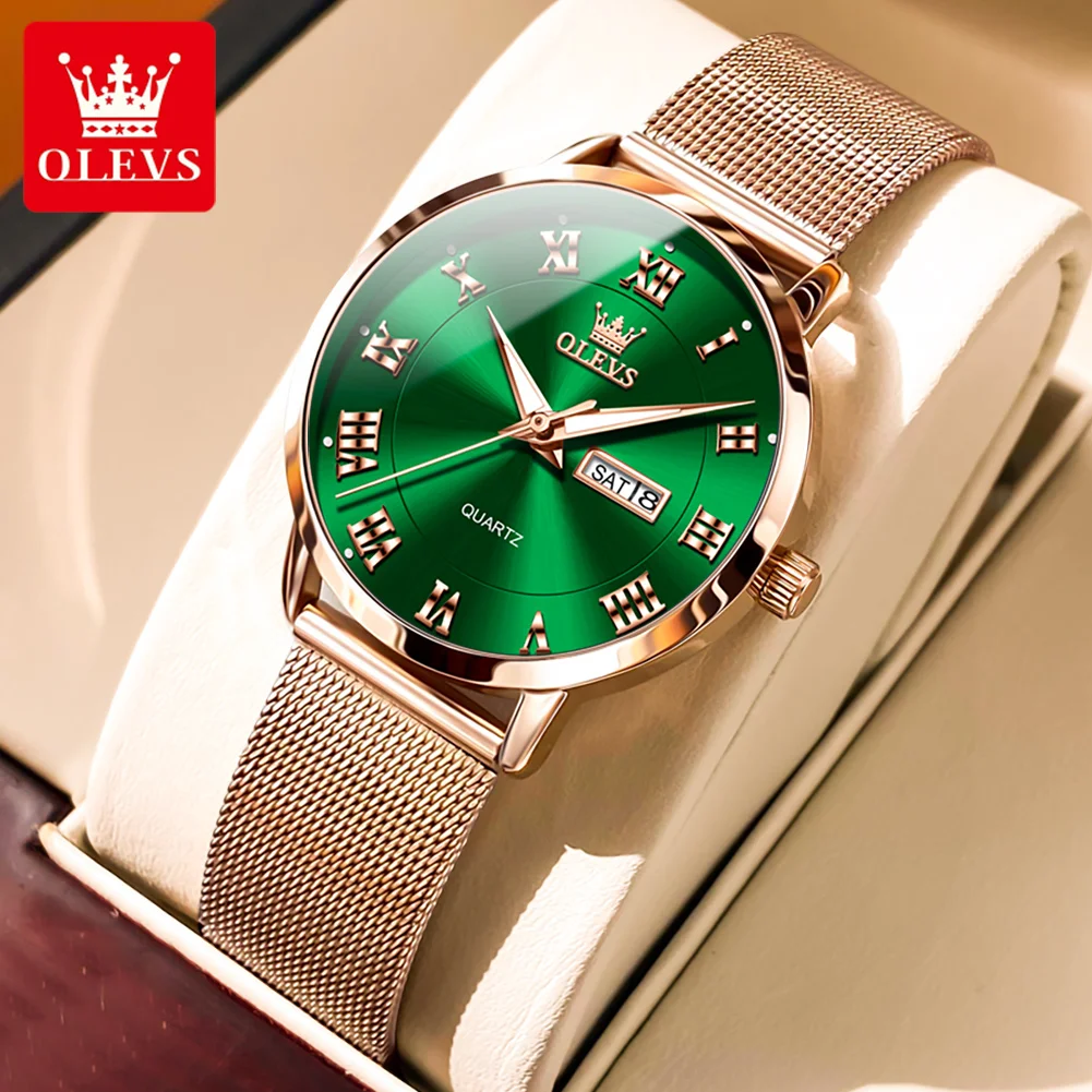 OLEVS Brand 2024 Fashion Green Quartz Watch for Women Luxury Rose Gold Mesh Strap Waterproof Luminous Week Date Womens Watches