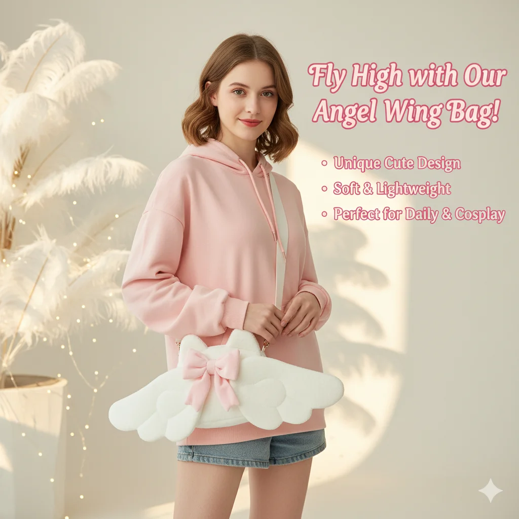 Kawaii Plush Backpack Angel Wing Bowknot Lolita Bag Cute Girls Cosplay Shoulder Bag Soft Mini Travel Purse Gift for Women