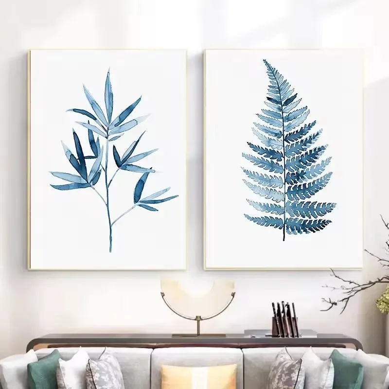 Blue Tranquil Retro Aesthetics Abstract Leaf Plant Art Poster Canvas Prints Mural Painting Living Room Bedroom Home Decoratio