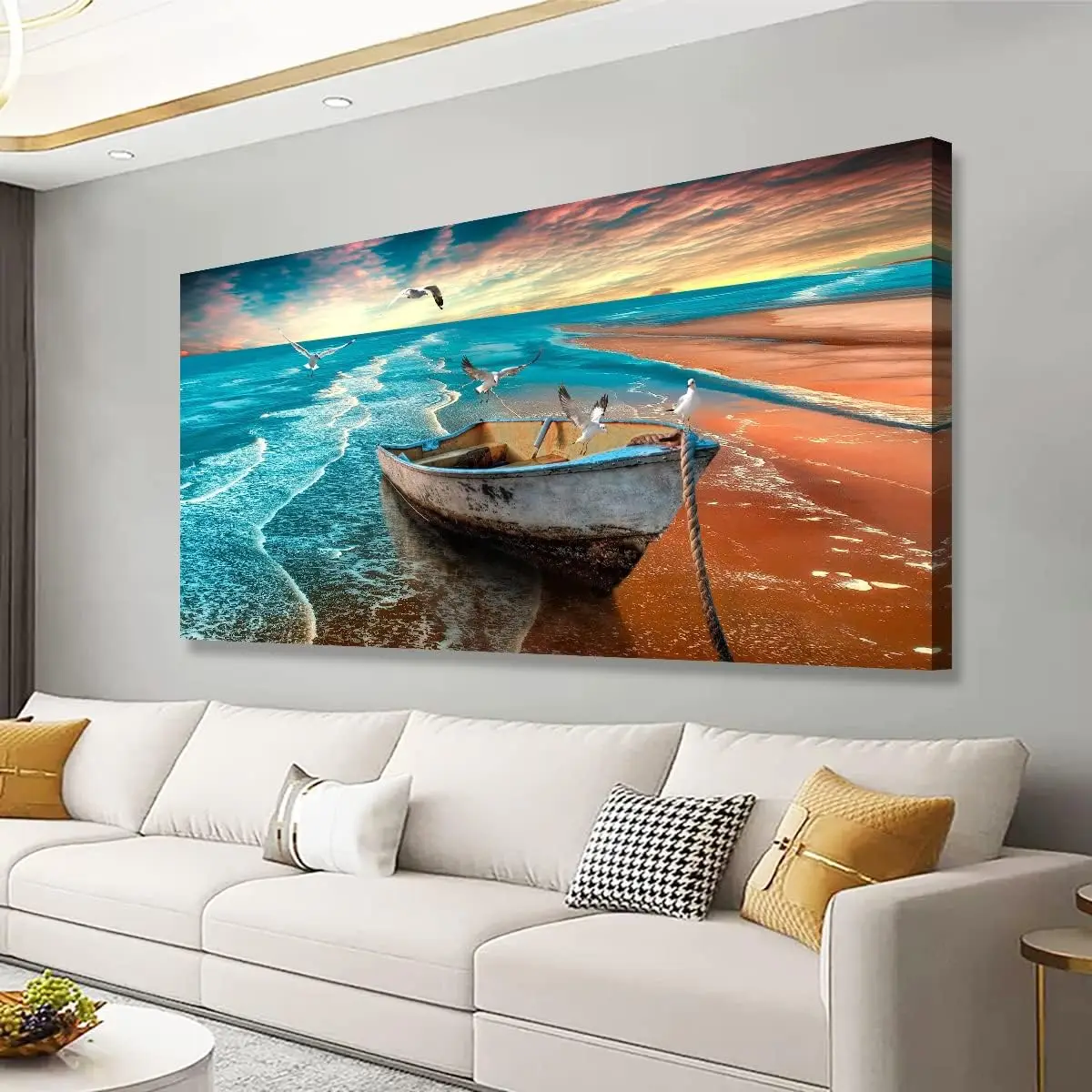 Diamond painting Beach sunset picture full 5D mosaic small boat bedroom diamond embroidery wall decoration, sea view landscape