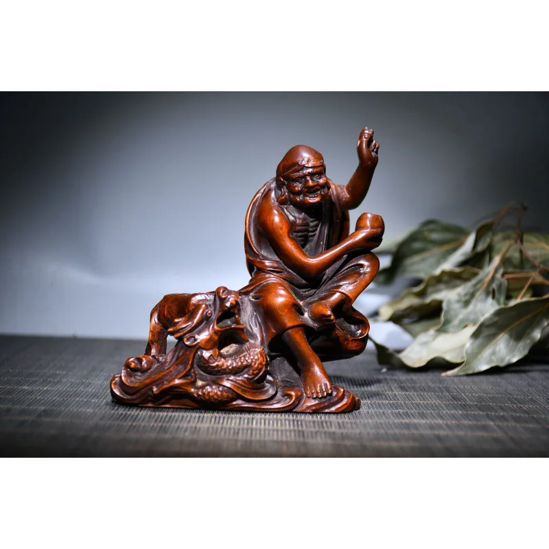 

4.7" Chinese Box-wood Hand Engraving Animal Dragon Buddhism Arhat Buddha Statue Craft Gift Decoration Home Decore