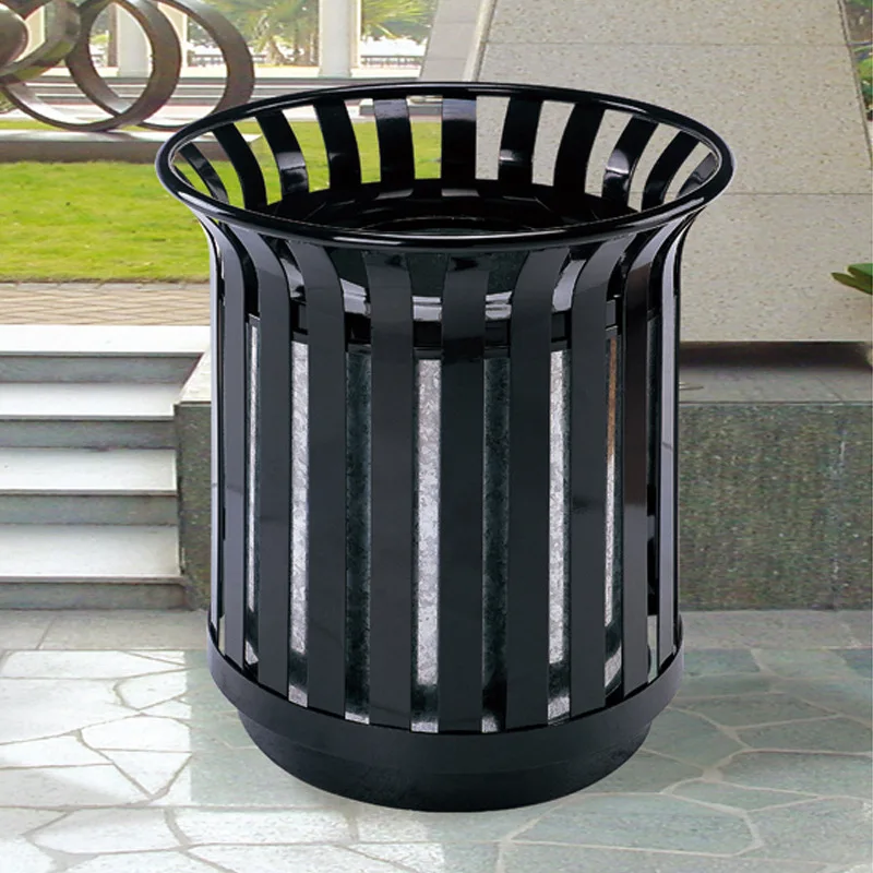 Large Outdoor Iron Flower Basket Trash Can Park Subway Shopping Mall Waste Management Storage Bucket in Black Dark Green