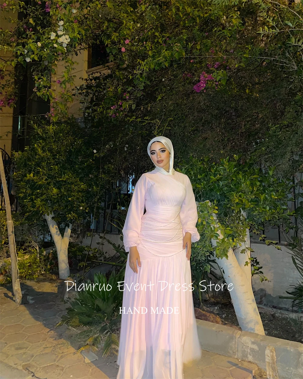 Dianruo فساتين سهرة شيفون متواضعة مكشكشة سباركلي فساتين حفلات إسلامية على شكل حرف A أنيقة وردي فاتح فستان زفاف سعودي مخصص