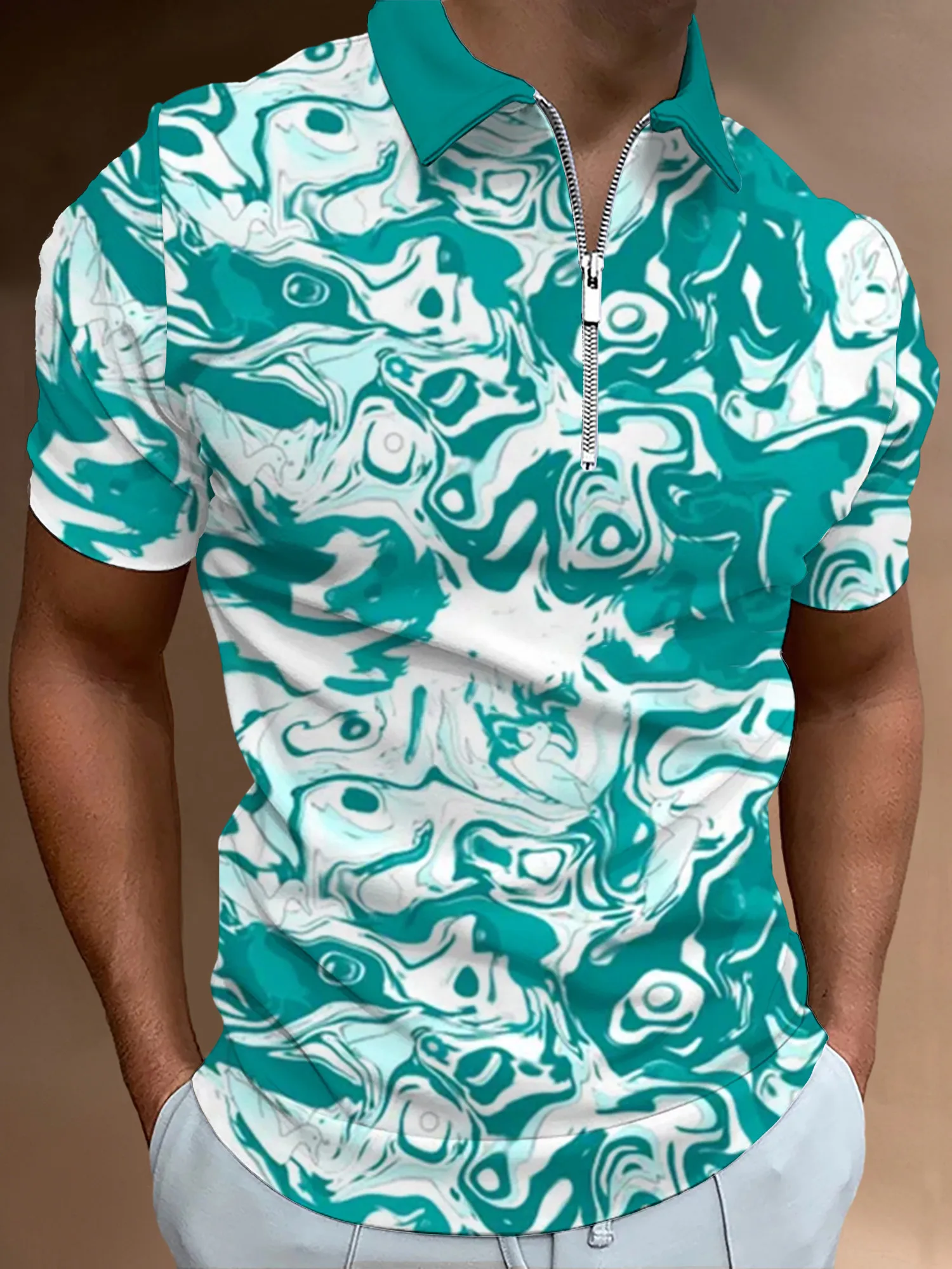 

New Men Polo Shirt Short Sleeve T-Shirt Breathable Tops Short Sleeved T-Shirt with Lapel and Zipper Luxury Brand High Quality