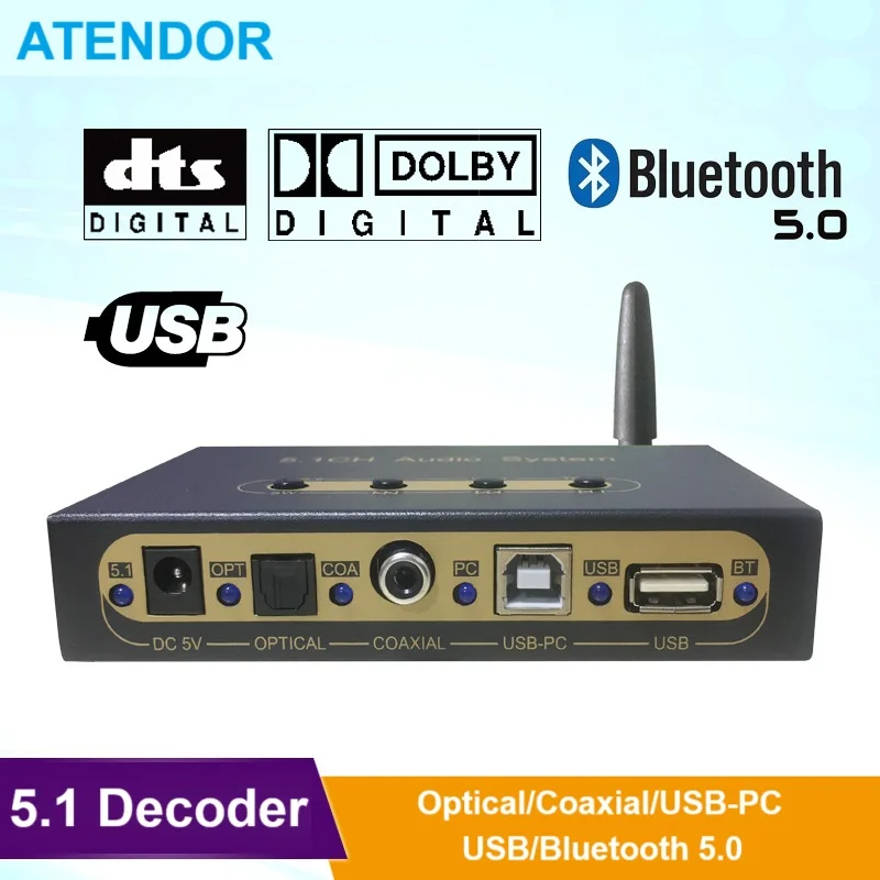 

5.1 Audio Decoder DTS Dolby AC3 Audio Converter SPDIF Toslink Coaxial PC USB Flash Bluetooth 5.0 Audio Decode for Home Theatre