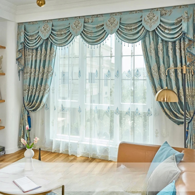 European Luxury Curtains for Living Dining Room Villa Semi-shading Blinds Classic Blue Curtain High-precision Jacquard Drapery