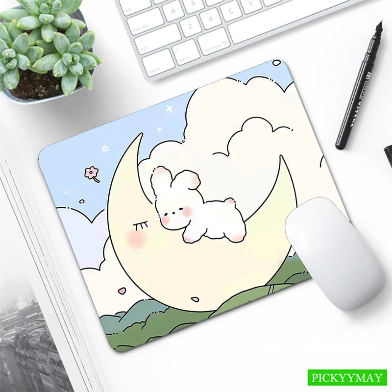 Cute Rabbit Mouse Pad Small Mausepad Kawaii Bunny Mousepad Pink Desk Mat Loptop Soft Rug Locking Edge 20x25cm