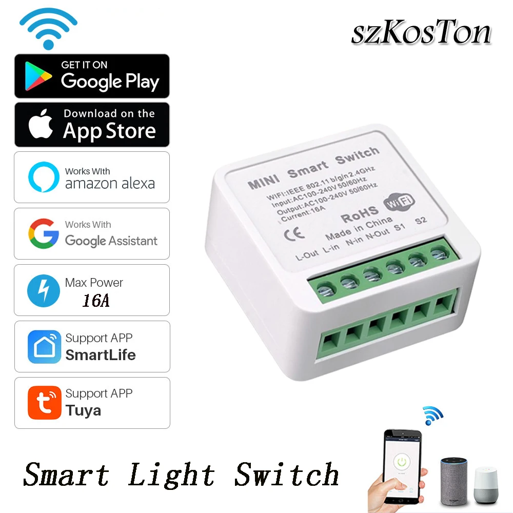 Tuya WiFi Smart Switch 16A Smart Light Voice Control Timer Mini Wall Switch Home Automation Module for Alexa Google HomeKit