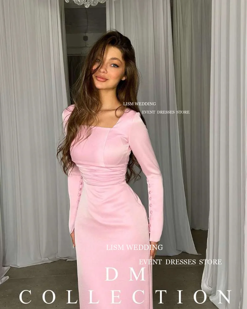 LISM 2024 Simple Pink Mermaid Evening Party Dresses Square Collar Long Sleeves Pleat Formal Prom Gowns