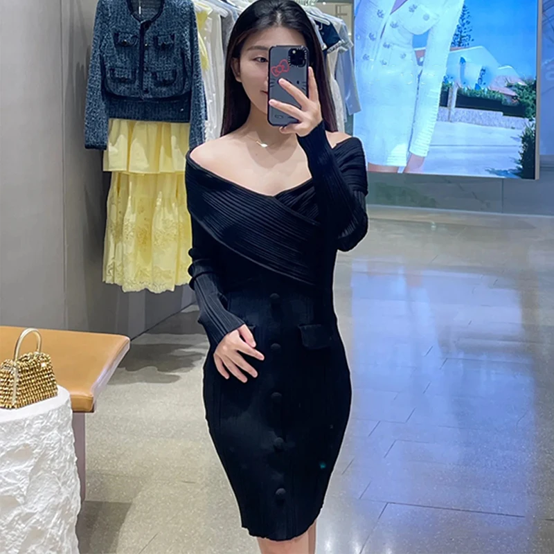 2024SS New Black Single Necked Slim Long Gothic Dresses Formal Evening Party Dresses Luxury Brand S-PP* Y2k Women Clothing