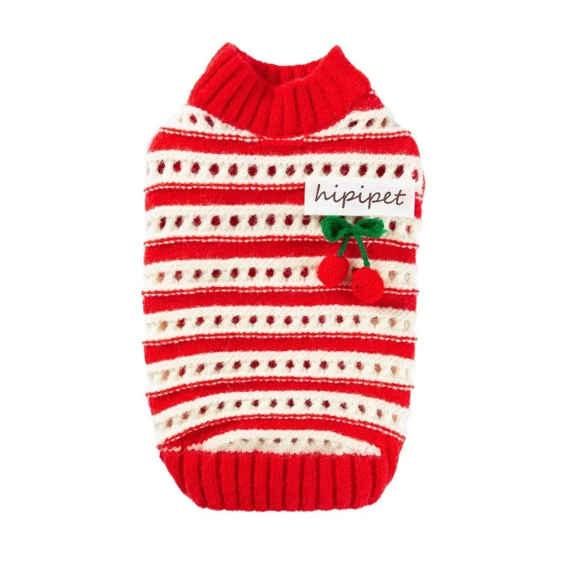 

Christmas Red Cherry Knit Dog Sweater Warm Winter Pet Clothes Two Leg For Small Dog Teddy Bichon Poodle Puppy Soft Cozy Washable