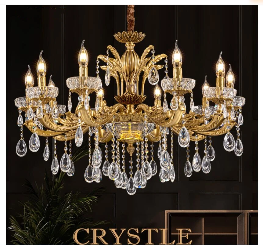 French Style Copper Chandelier Luxury Antique Golden D68cm H51cm 6L K9 Crystals Chandelier 110~240V Home Decora Hanging Lights