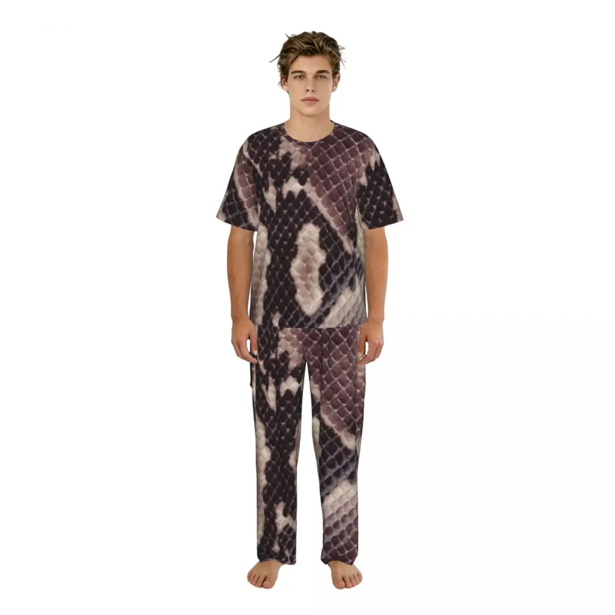 

Men's Pajamas Set Summer Short-Sleeve Tops + Long Pants Nightwear Home Wear Suits Snake Pattern Sleepwear