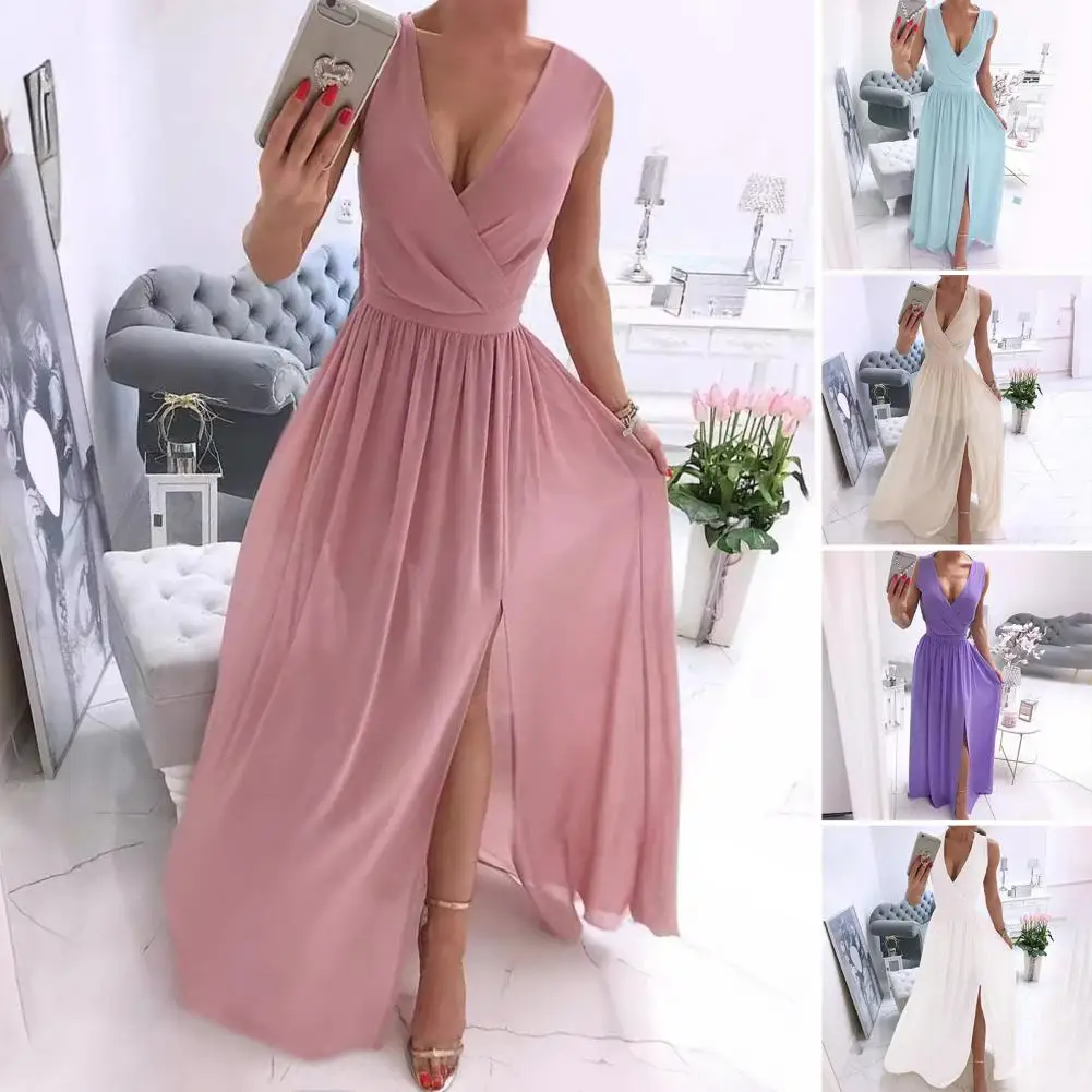 Summer Dress Elegant V Neck Pleated Maxi Dress for Women Floor Length Evening Gown with Slim Waist Split for Wedding for Special