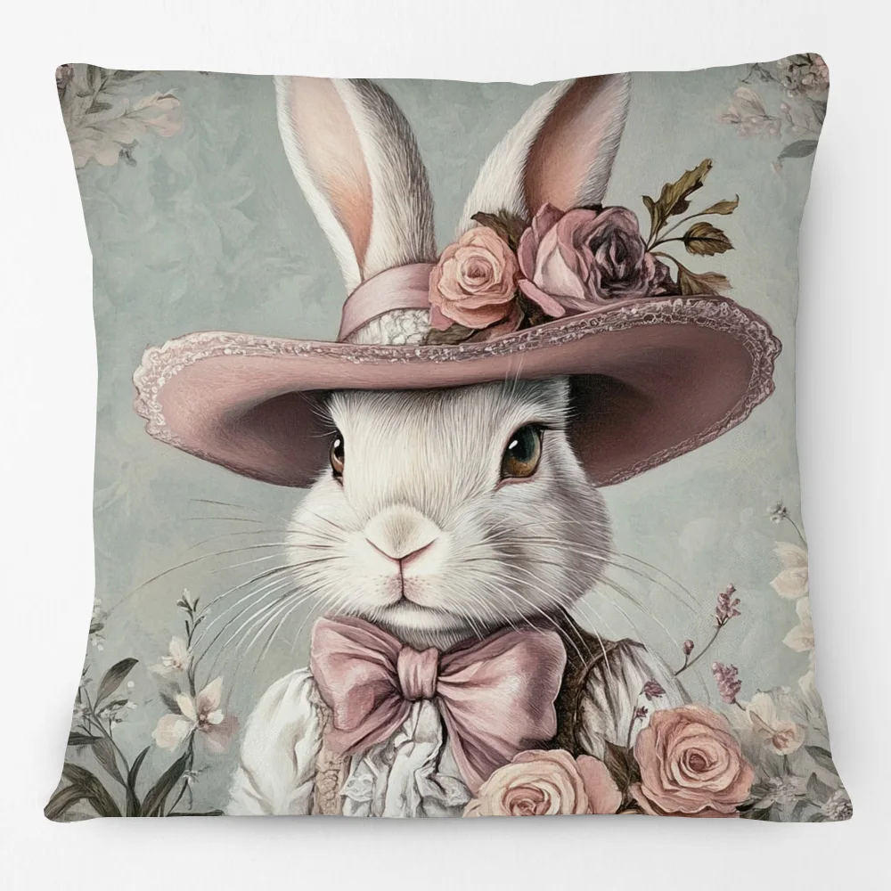 Vintage Easter Cross Highland Cow Bunny Rabbit Eggs Print Decorative Sofa Cushion Cover Pillow Case