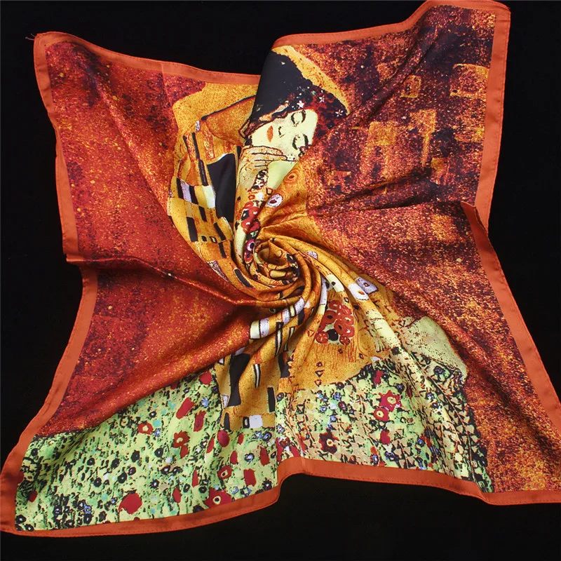 Krim\'s Oil Painting Kiss Silk Scarf Bandanna Women Scarf Fashion Square Scarves Head Neck Tie Band Professional Neckerchief