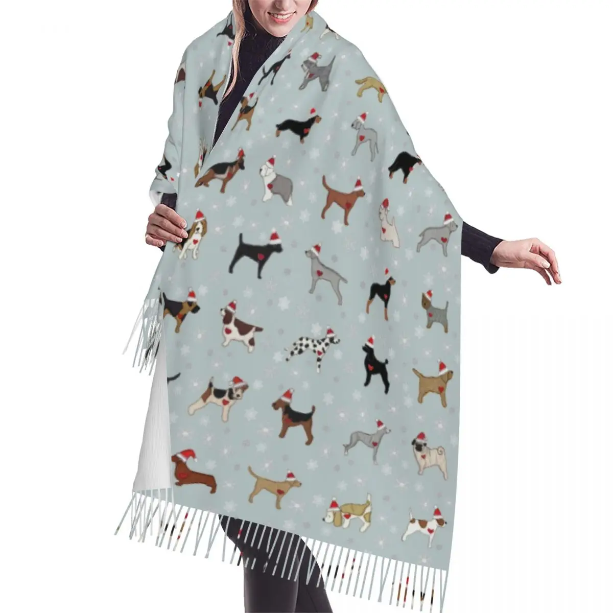 

Christmas Dogs Pattern Scarf Wrap Women Long Winter Fall Warm Tassel Shawl Unisex Holiday Pets Gifts Fashion Versatile Scarves